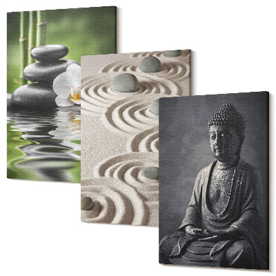 Sada 3 obrazov Relaxačný pohľad na Budhu, kamene na pláži a bambus