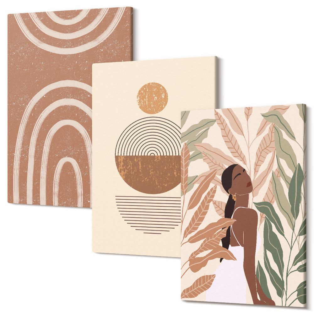 Sada obrazov triptych Štýlové vzory s rastlinnými motívmi a geometrickými tvarmi