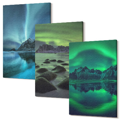 Sada obrazov na stenu triptych Zimná krajina so severnými svetlami a horami