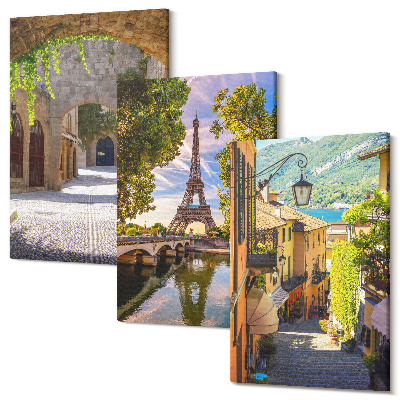 Sada obrazov triptych Krásne uličky, historická architektúra, Eiffelova veža