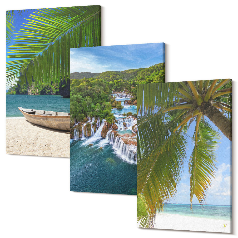 Sada 3 obrazov Pláž s loďou, vodopádmi a palmami v trópoch