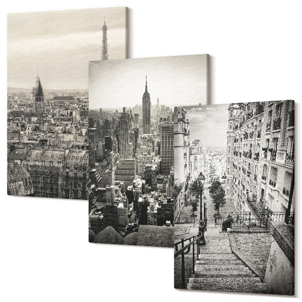 Sada obrazov triptych Výhľad na mesto Paríž New York a očarujúce schody