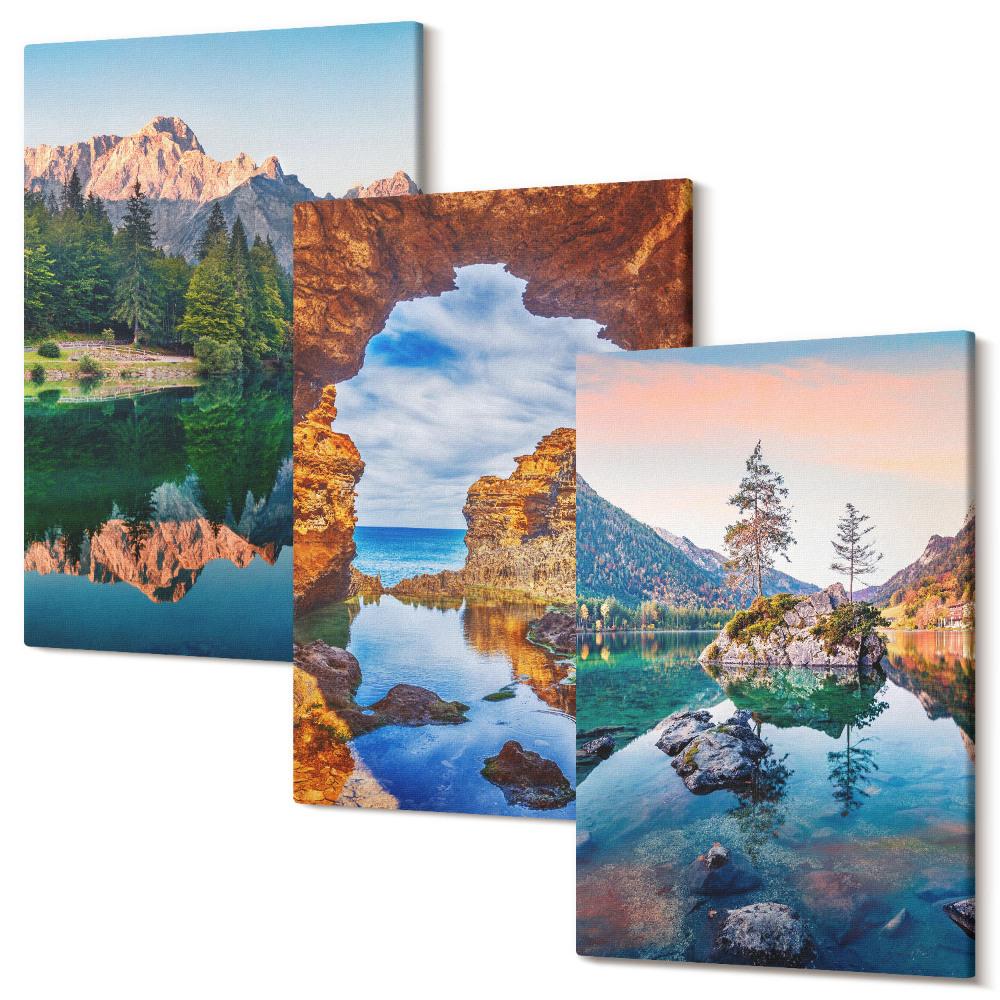 Sada 3 obrazov Horské jazerá s odrazmi vo vode a skalami