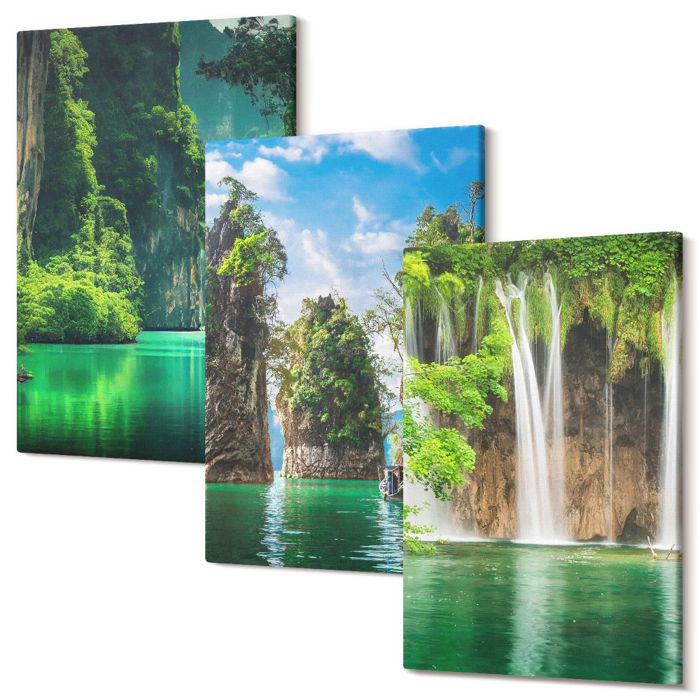 Sada 3 obrazov Zelená krajina s vodopádmi a skalami