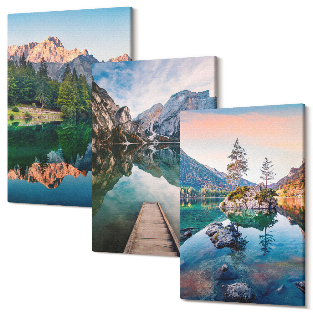 Sada 3 obrazov Horské jazerá s odrazmi vo vode a lese