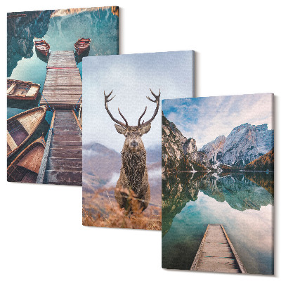 Sada obrazov na stenu triptych Jazero s člnmi, jeleňmi a horskou krajinou