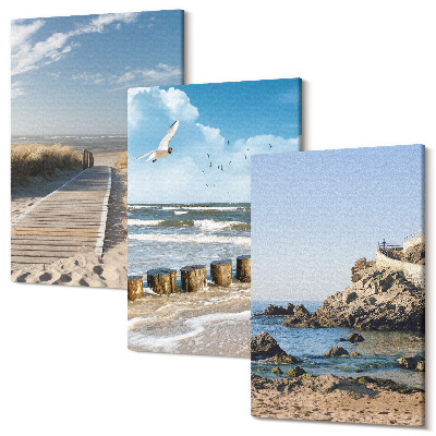 Sada 3 obrazov Pláž s dreveným chodníkom, morom a prímorskými útesmi