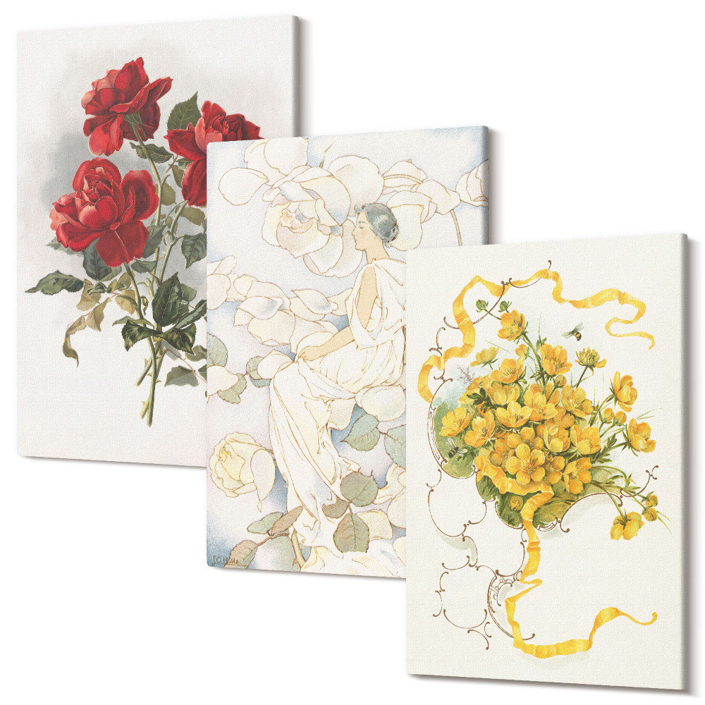 Sada obrazov na stenu triptych Červené ruže, biela postava, žlté kvety vo váze