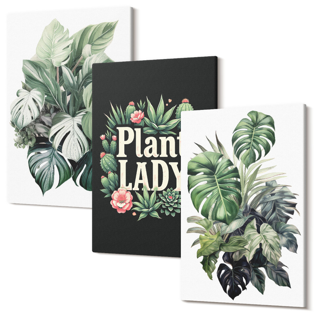 Sada 3 obrazov Tropické rastliny s nápisom Plant Lady v zelenej farbe