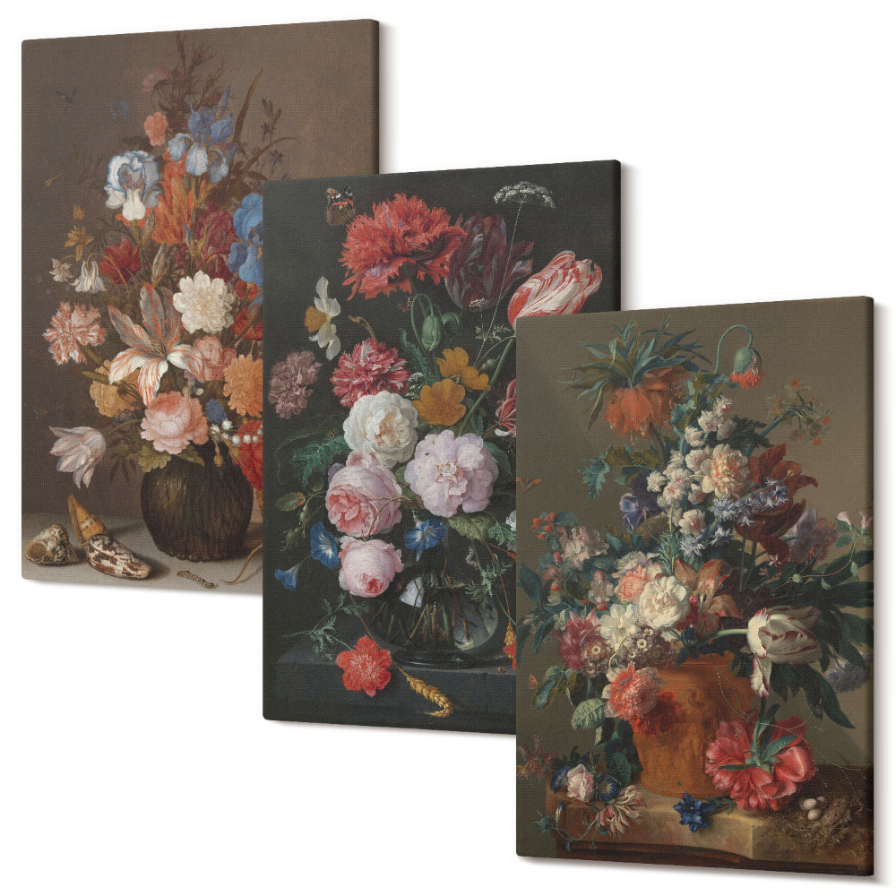 Sada 3 obrazov Kvety vo vázach, rôzne vintage rastlinné kompozície