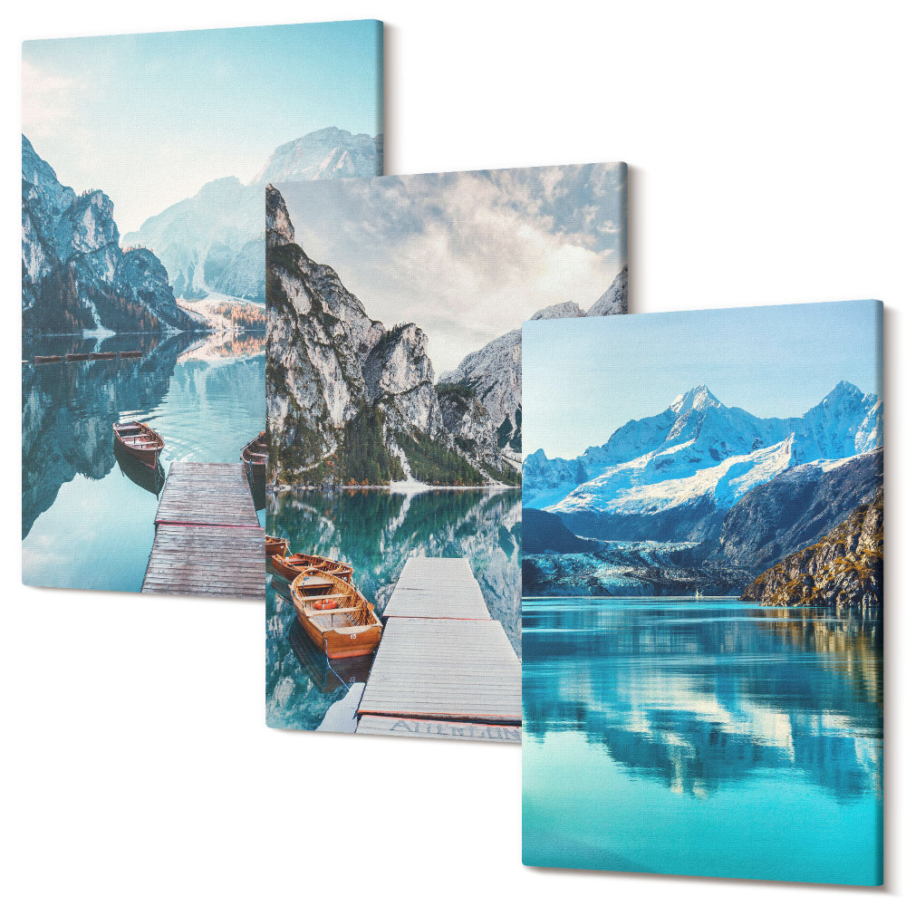 Sada 3 obrazov Horské jazerá s člnmi a odrazmi vo vode