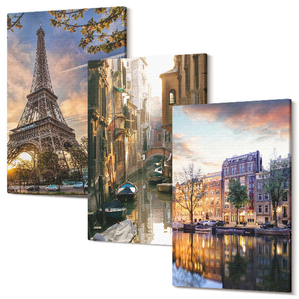 Sada obrazov na stenu triptych Eiffelova veža, benátske kanály a ulice Amsterdamu
