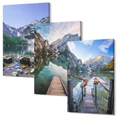 Sada 3 obrazov Hory, jazerá a drevené mosty ponad vodu