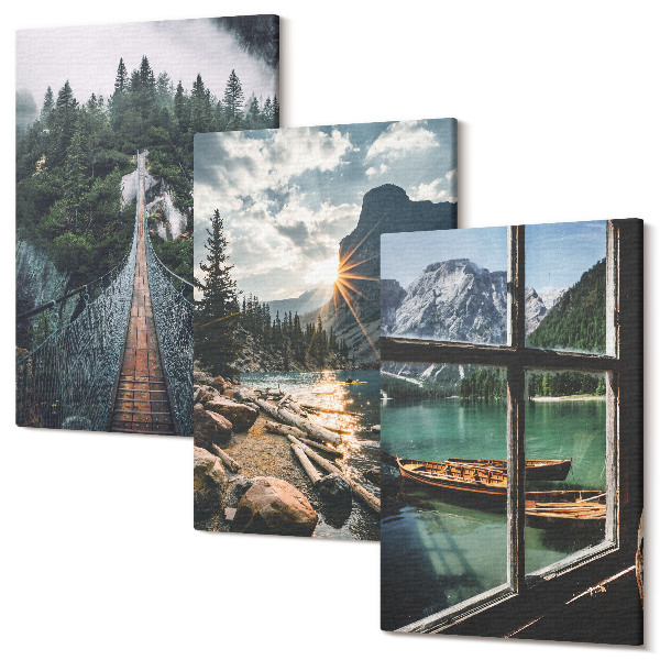 Sada obrazov triptych Most v lesnom jazere s výhľadom na hory z člnov