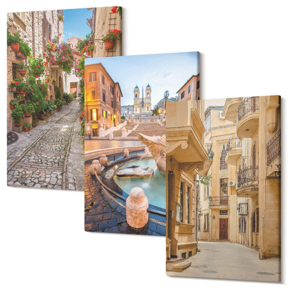 Sada obrazov na stenu triptych Očarujúce uličky a fontány v malebnej architektúre