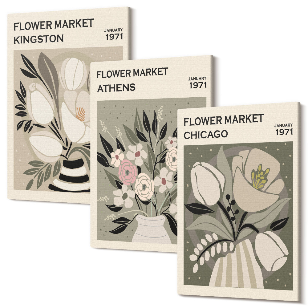 Sada 3 obrazov Kvetinové aranžmány v retro štýle z rôznych miest