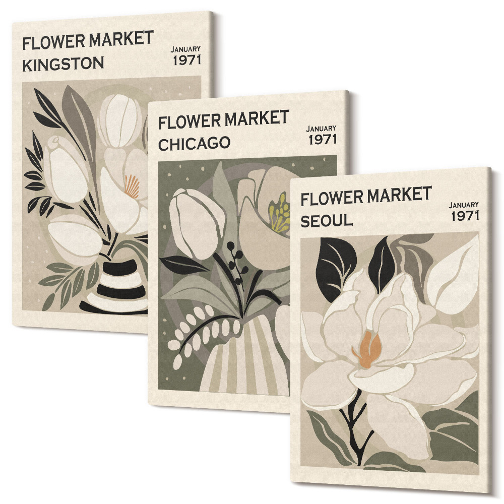 Sada obrazov na stenu triptych Kvety z trhov Kingston, Chicago a Soul v retro štýle