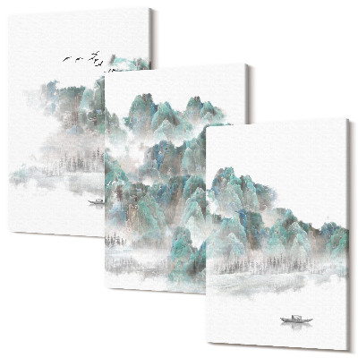 Sada 3 obrazov Hory v oblakoch s vtákmi a loďou na vode japandi