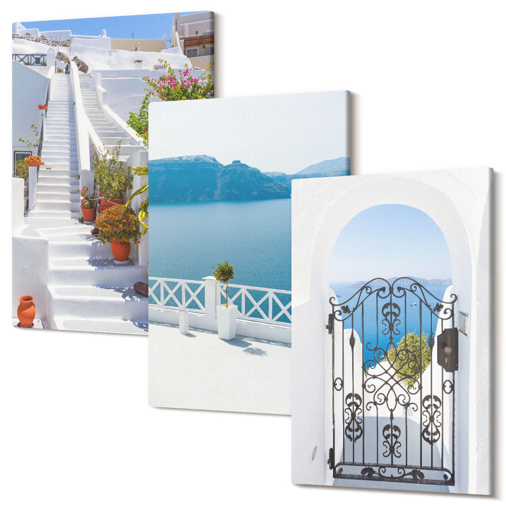 Sada 3 obrazov Biele schody s rastlinami, výhľadom na more a bránou