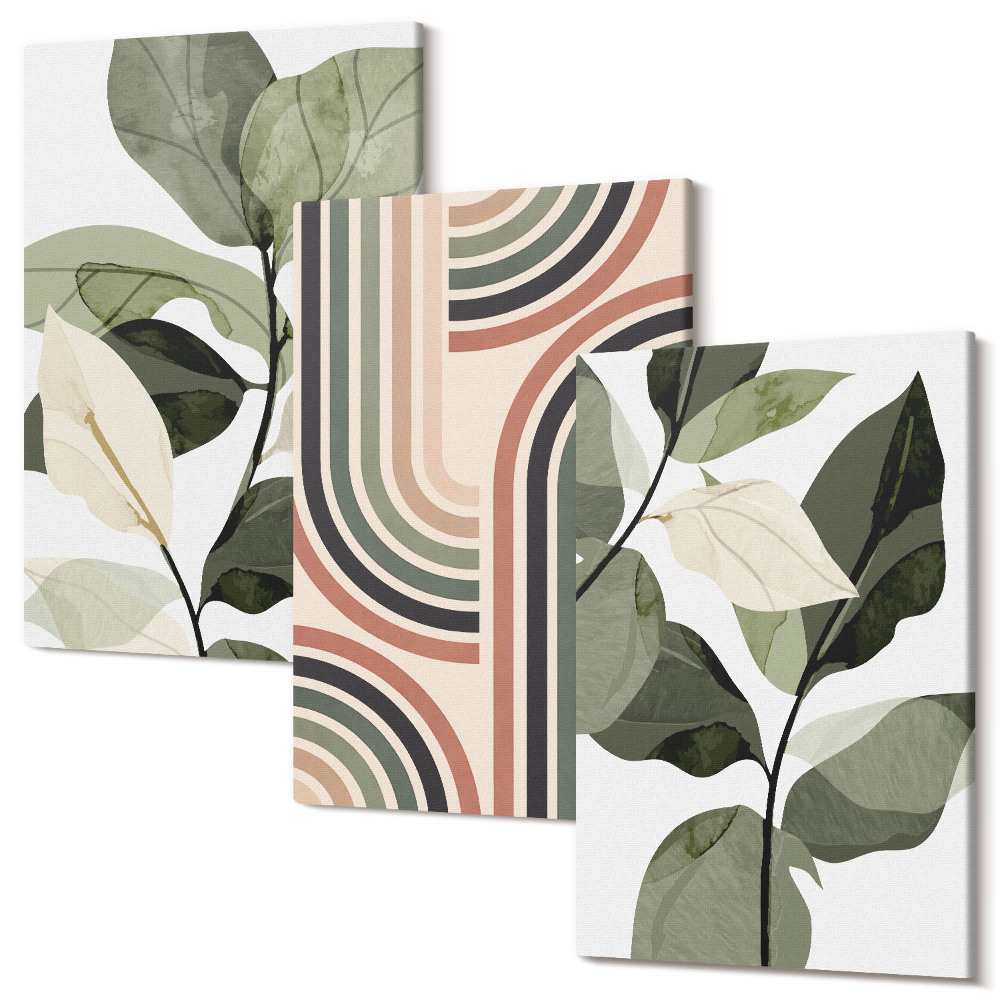 Sada obrazov triptych Rastlinné motívy s geometrickými vzormi v odtieňoch zelenej