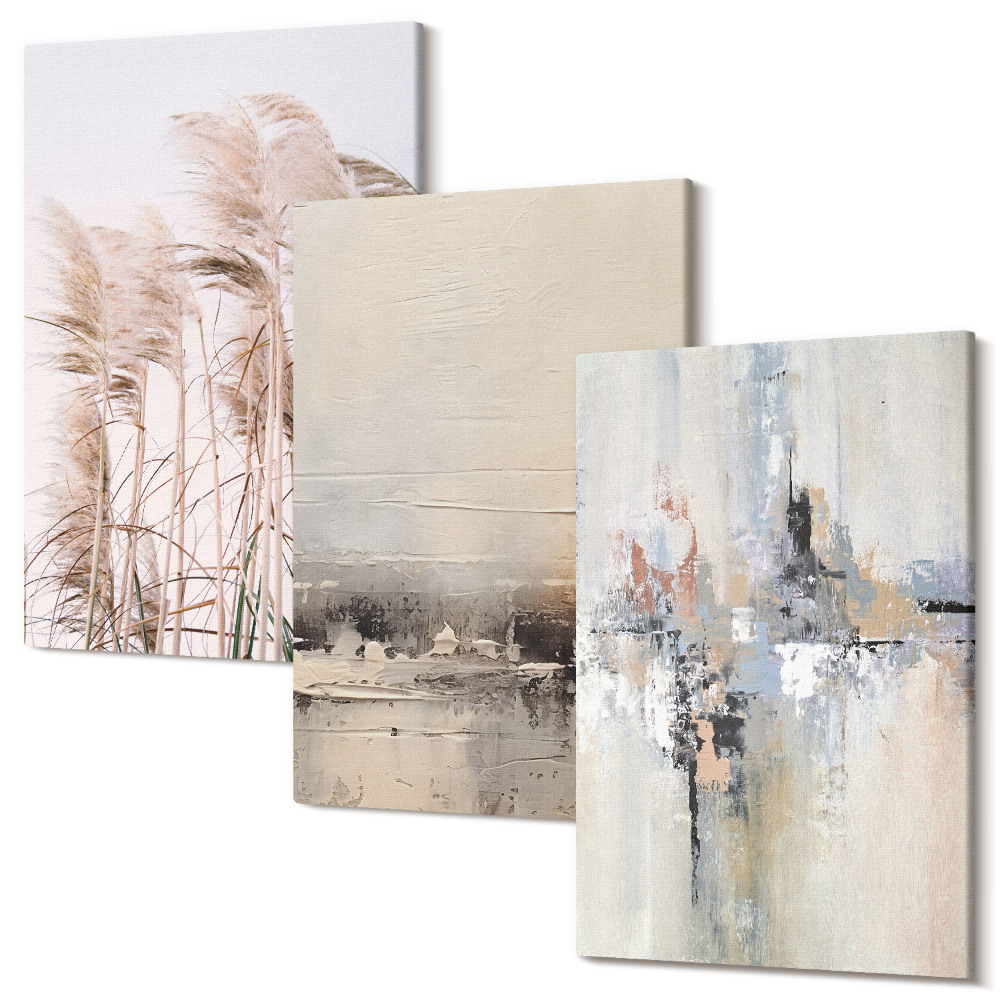 Sada 3 obrazov Prirodzená vegetácia, abstraktné vzory v tlmených farbách