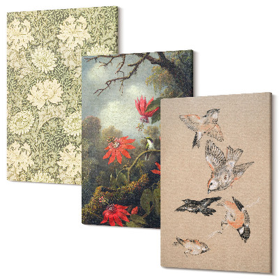 Sada obrazov triptych Kvety a vtáky v prírodnom prostredí