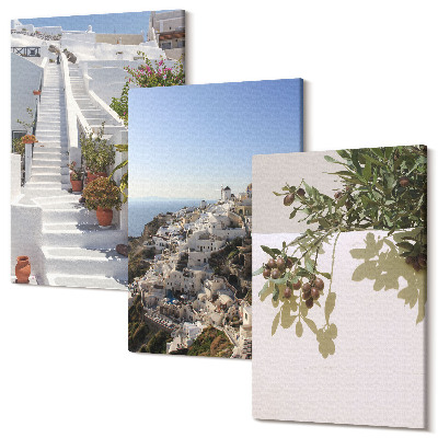 Sada obrazov na stenu triptych Biele schody na Santorini s výhľadom na mesto