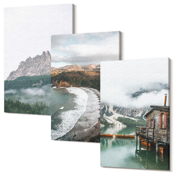 Sada obrazov triptych Horská krajina s plážou a dreveným domom