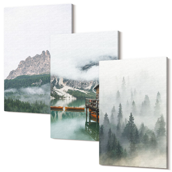 Sada obrazov triptych Hory, jazero, chata a hmla v lese