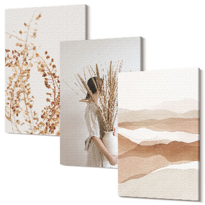 Sada obrazov na stenu triptych Rastlinné motívy abstraktný rustikálny boho štýl