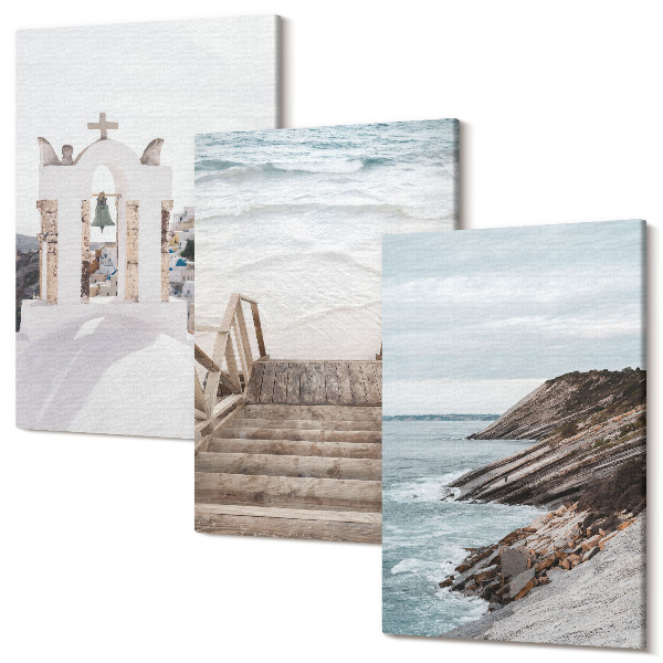 Sada obrazov na stenu triptych Výhľady na more a architektúru Santorini proti oblohe