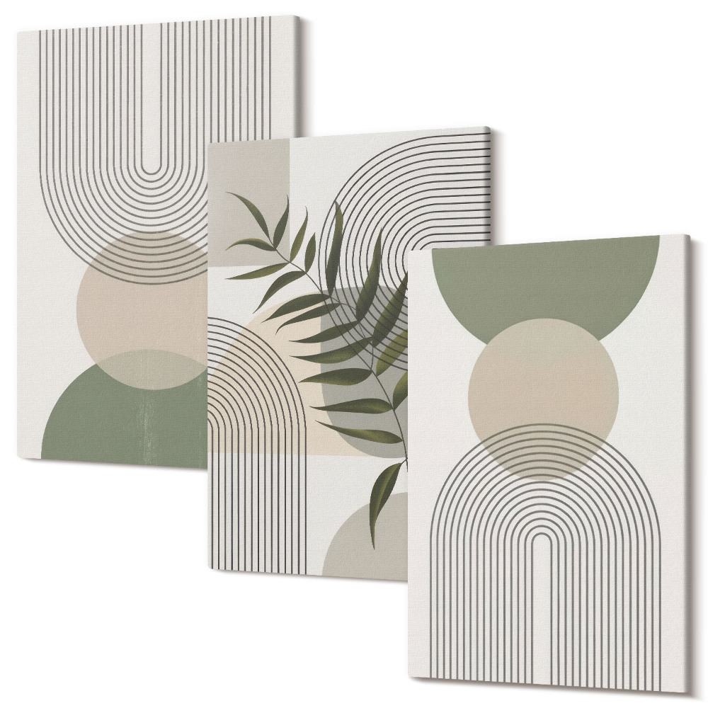 Sada 3 obrazov Abstraktné tvary v odtieňoch zelenej a béžovej