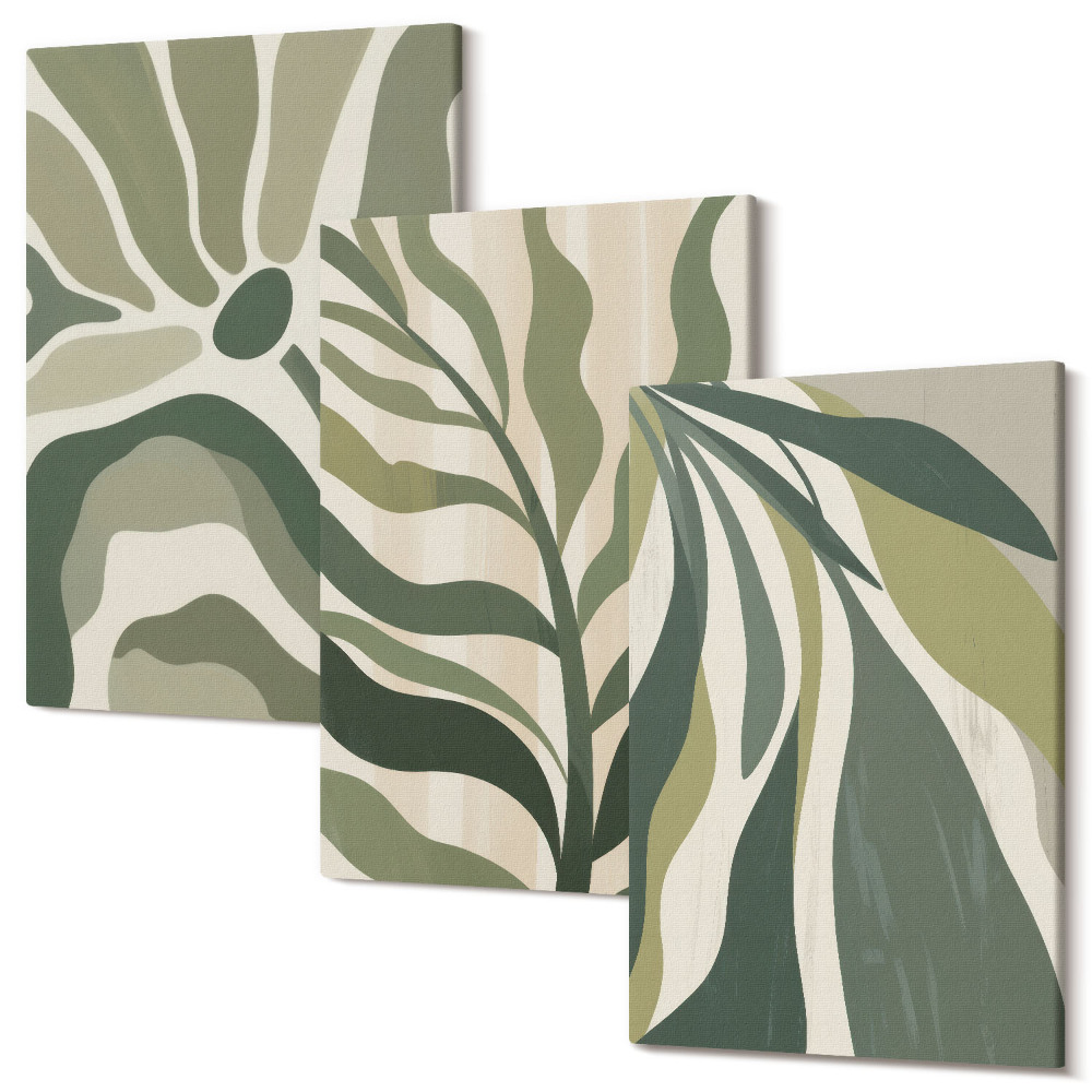 Sada obrazov triptych Maľované ilustrácie listov v odtieňoch zelenej
