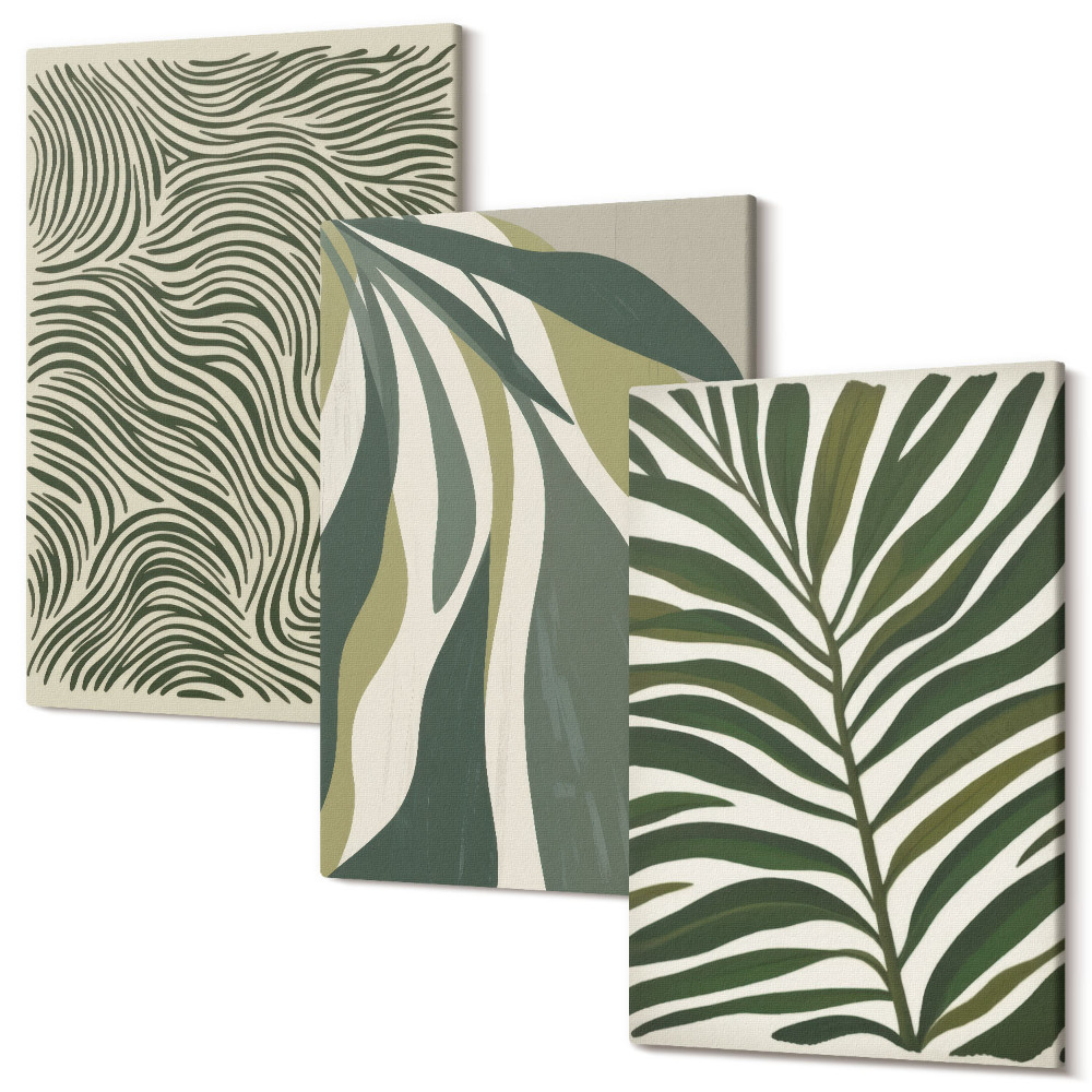 Sada obrazov na stenu triptych Vzory listov a vlnovky v odtieňoch zelenej
