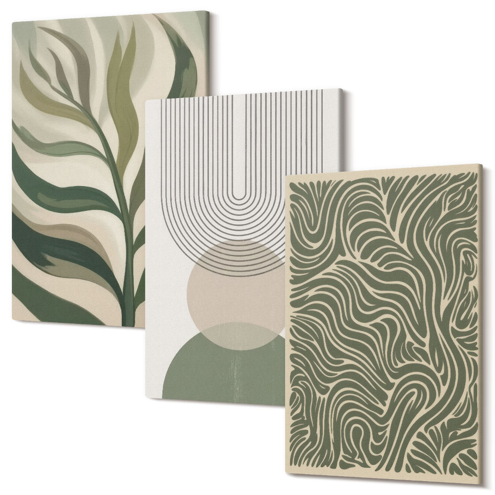 Sada obrazov na stenu triptych Listy a geometrické tvary abstraktné