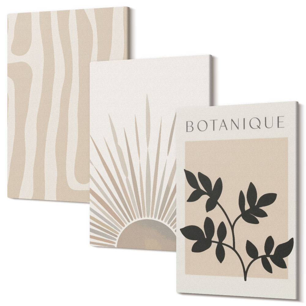 Sada obrazov triptych Abstraktné vzory s kvetinovými akcentmi v neutrálnych tónoch