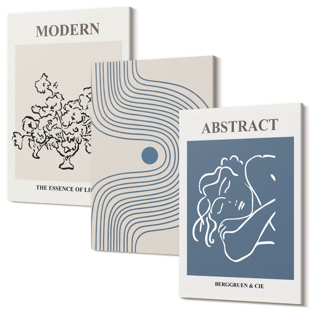 Sada obrazov triptych Kvetinové čiary a plagáty abstraktných tvarov