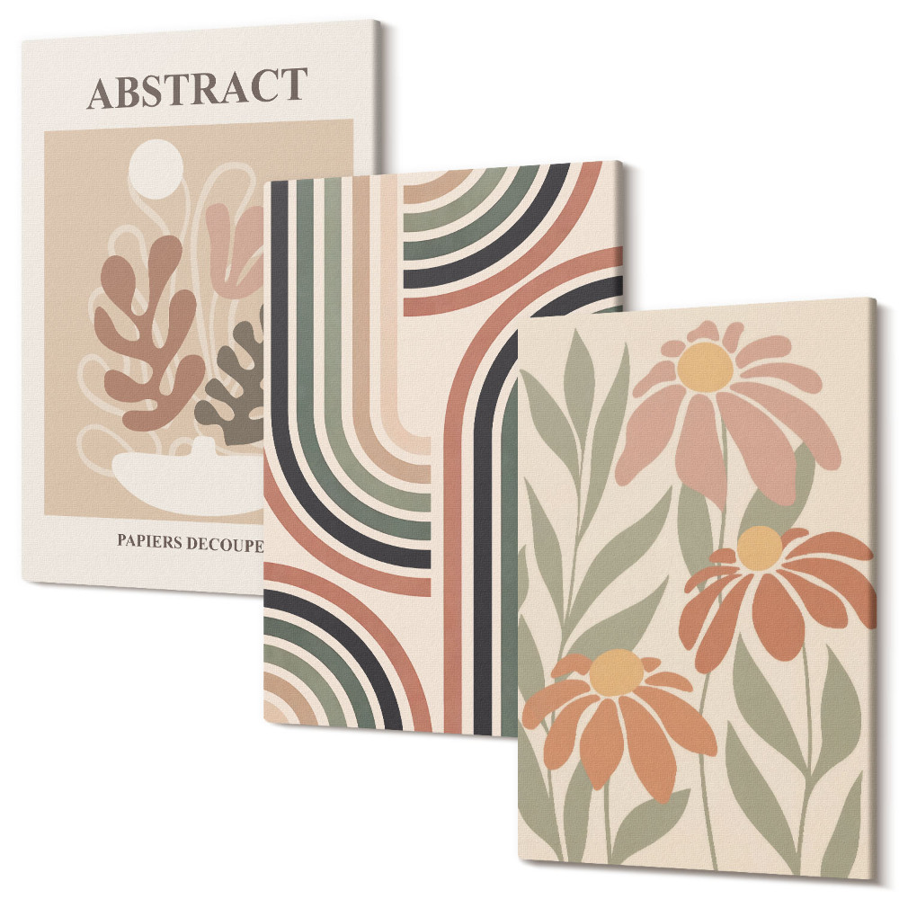 Sada obrazov triptych Abstraktné rastliny a vzory v pastelových farbách