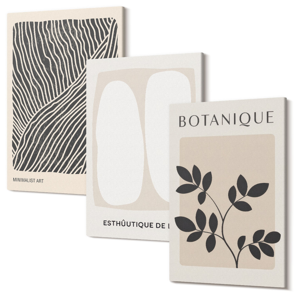 Sada obrazov triptych Kvetinové vzory a minimalistické línie v neutrálnych farbách