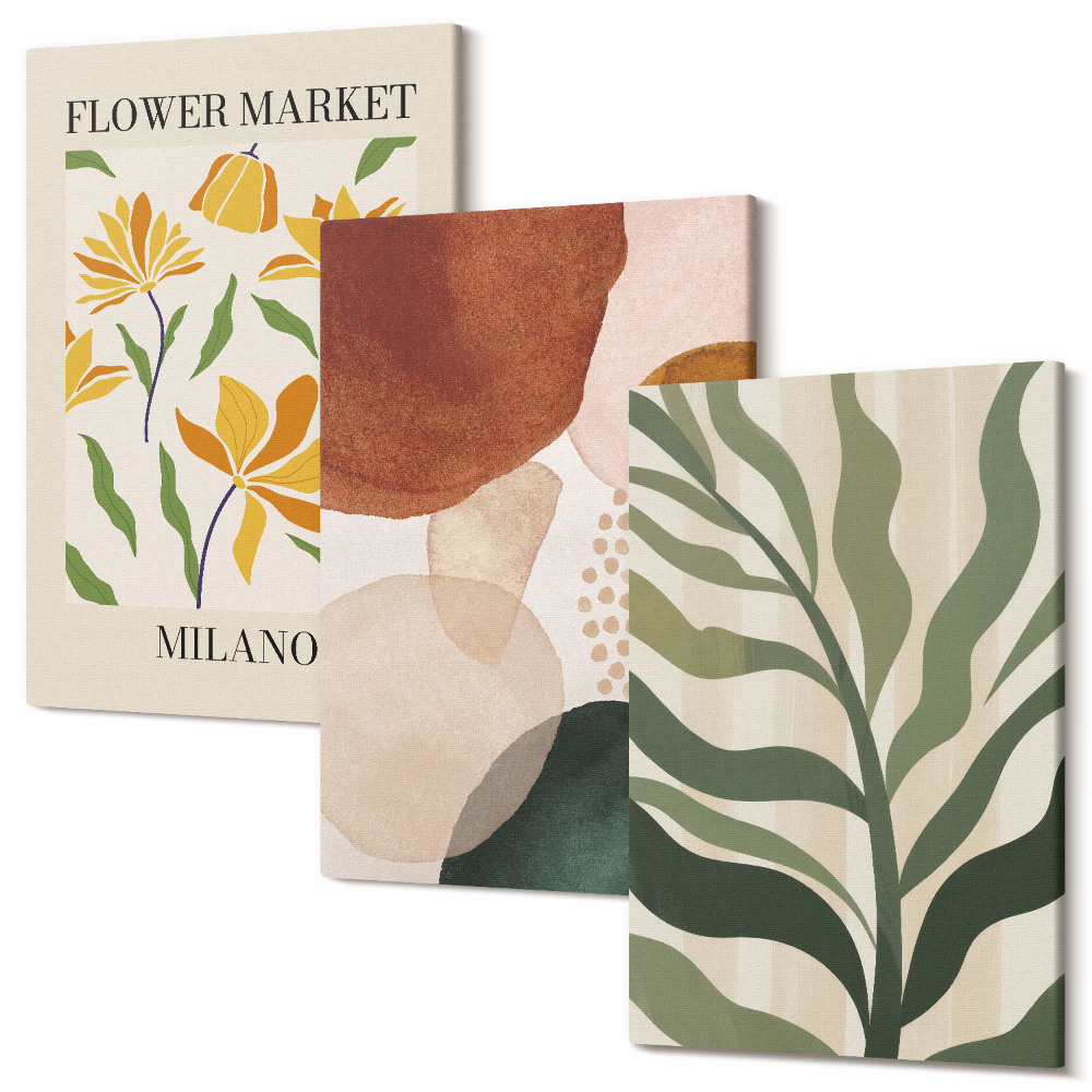 Sada obrazov triptych Kvetinové motívy s abstraktnými tvarmi a listami