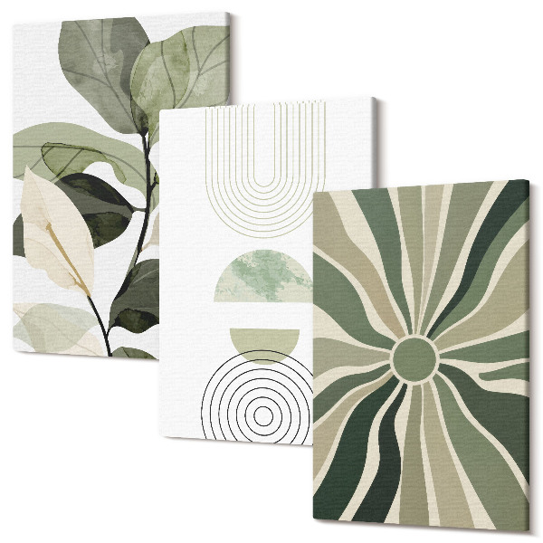 Sada obrazov triptych Rastlinné motívy s geometrickými tvarmi v zelenej farbe