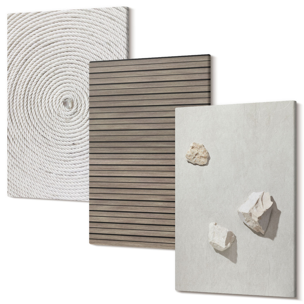 Sada 3 obrazov Prírodné textúry drevené kamene lano