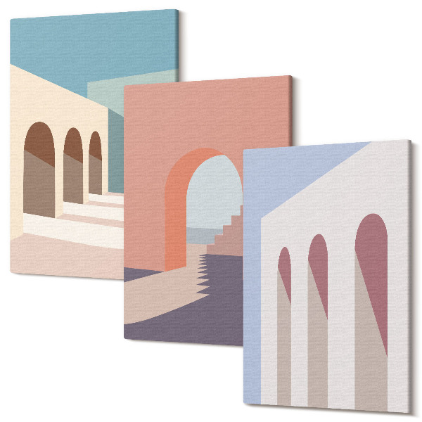 Sada obrazov na stenu triptych Pastelovo minimalistická grafika mestskej architektúry