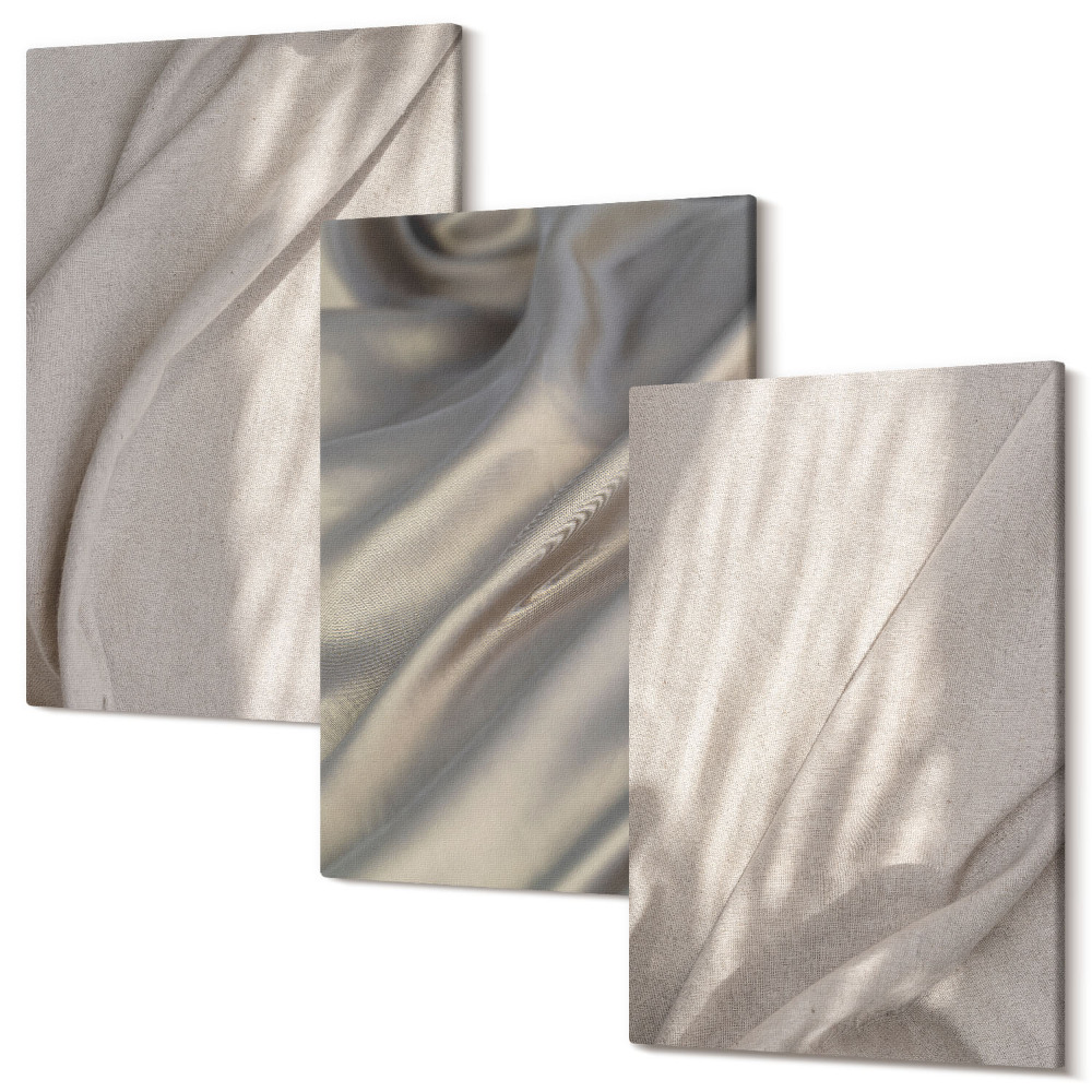 Sada obrazov triptych Detailný záber na prírodné štruktúry tkanín v štýle boho