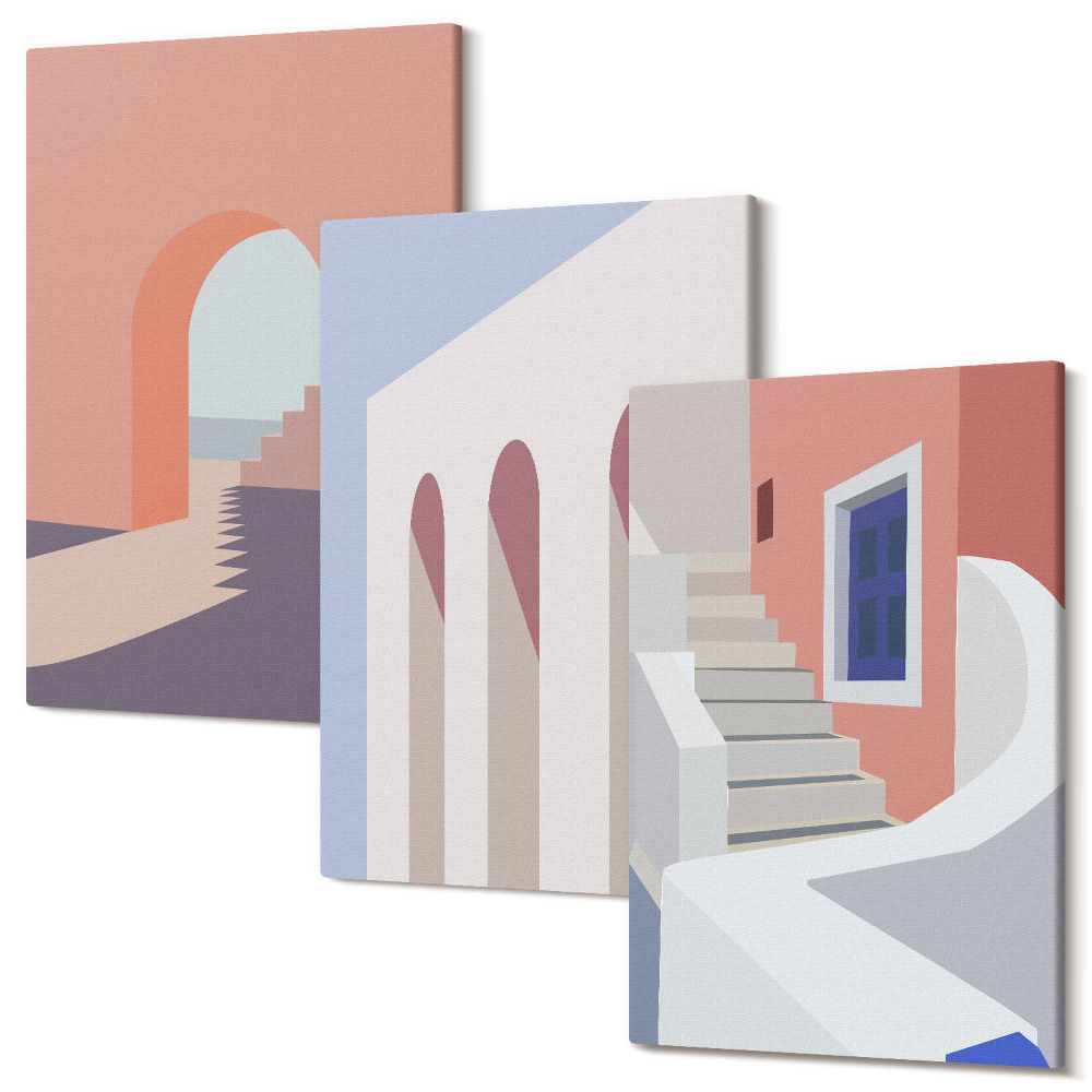 Sada obrazov na stenu triptych Ilustrácie mestskej architektúry v minimalistickom štýle