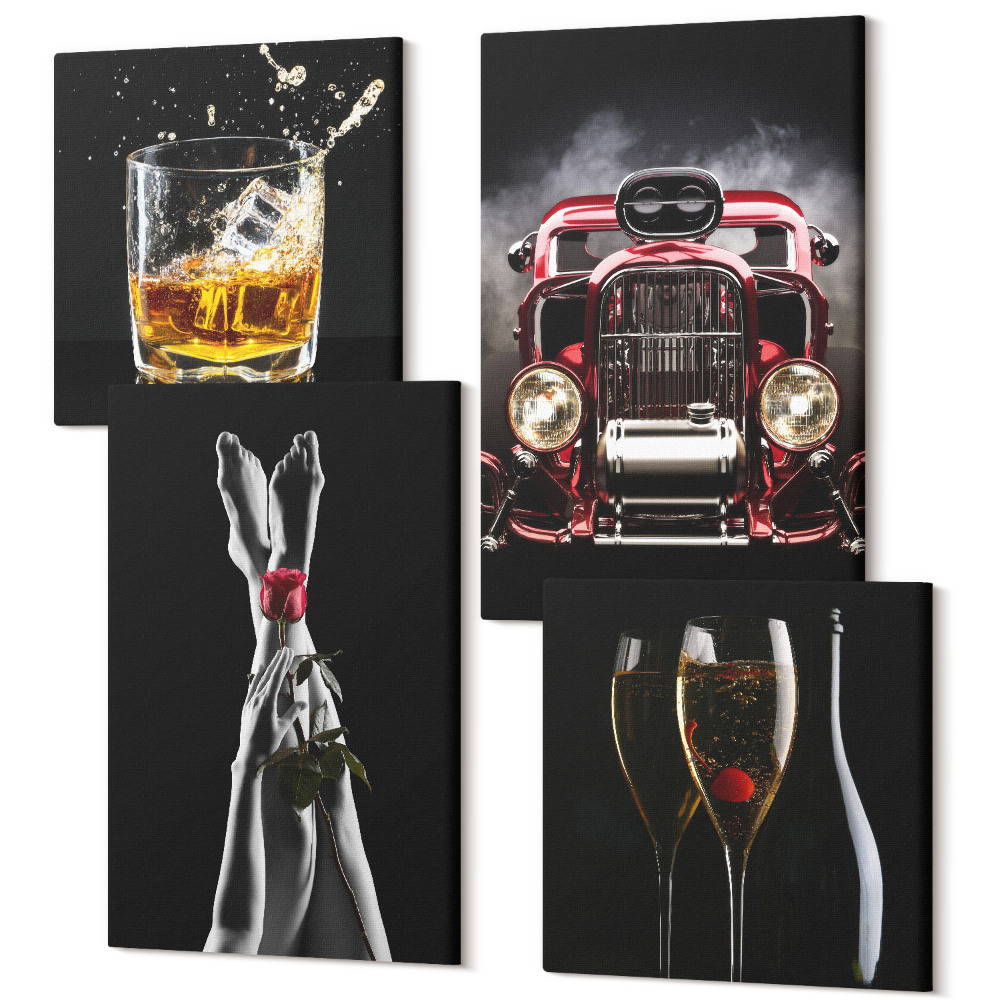 Sada 4 obrazov Ženské nohy s ružou, staré auto, víno, whisky