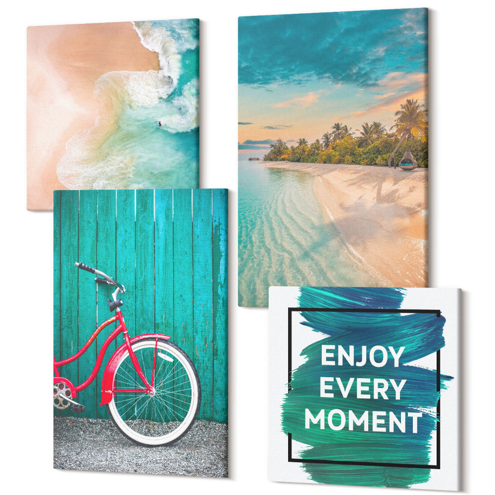 Sada obrazov na stenu kvadryptych Výhľad na more s inšpiratívnym nápisom na lodiskom bicykli