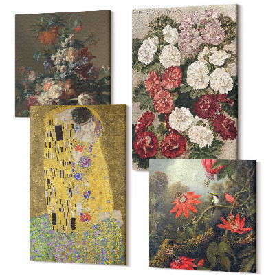 Sada obrazov kvadryptych Kvety a stromy v maliarskom štýle The Kiss od Gustava Klimta