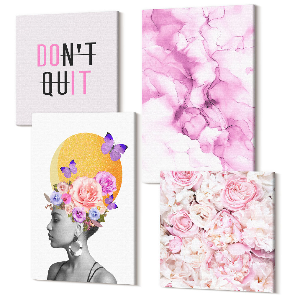 Sada 4 obrazov Inšpiratívny nápis kvety abstraktný portrét ženy