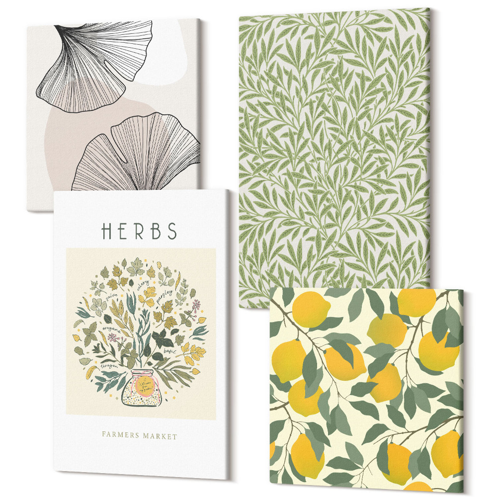 Sada obrazov na stenu kvadryptych Citrónové motívy s bylinkami a listami rastlín